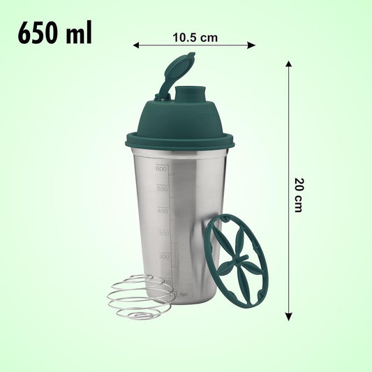 SIGNORA WARE Shake n Shake Stainless Steel Protein Shaker Bottle,Leakproof with Knob, 650ml, Silver,Green