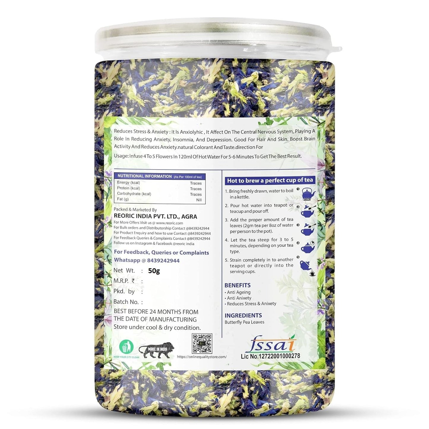 Bralcon Butterfly Pea Flower Tea- 50 gm, Dried Butterfly Pea Herbal Tea