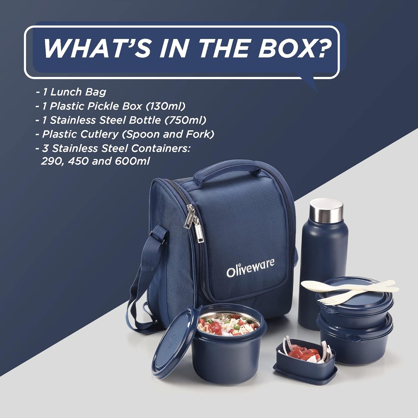 SOPL-OLIVEWARE Teso Lunch Box with Plastic Cutlery, 3 Steel Containers, Plastic Pickle Box, Steel Water Bottle- Blue