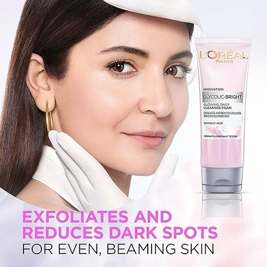L’Oréal Paris Glycolic Bright Daily Foaming Face Cleanser, 100ml | Glycolic Acid Face Wash for Dull Skin | Daily Glowing Facial Cleanser