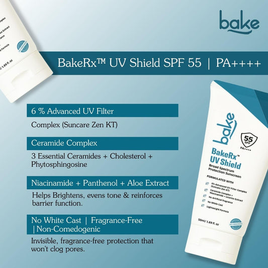 Bake UV Shield Broad Spectrum Sunscreen SPF 55 PA++++ with 6% Advanced UV Filter Complex, 50 gm