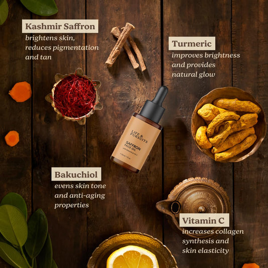 Life & Pursuits Saffron Face Oil with Bakuchi/Bakuchiol (plant Retinol), Vitamin C for Face Brightening, 30 ml