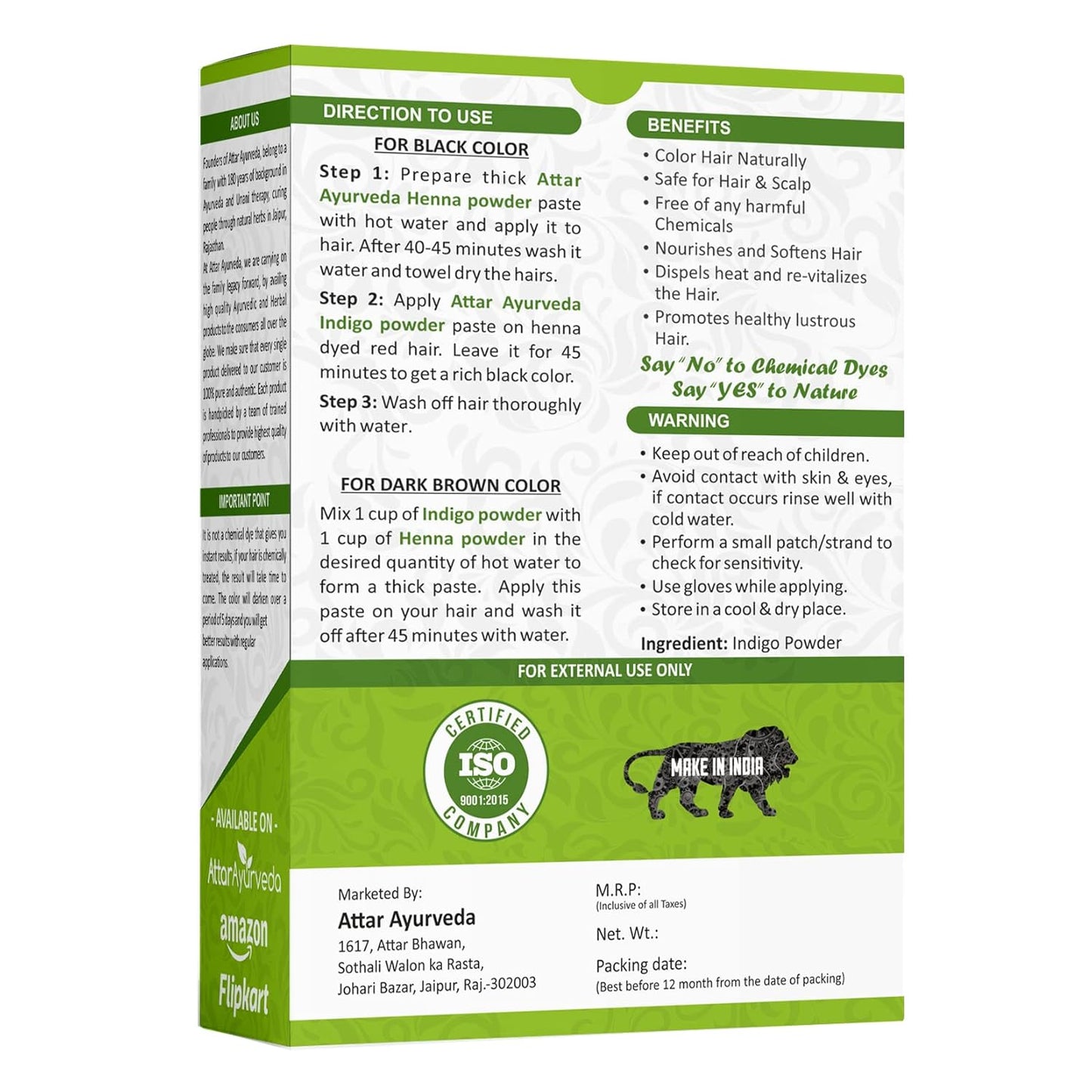 Attar Ayurveda Indigo Powder For Black Hair, 400 gm