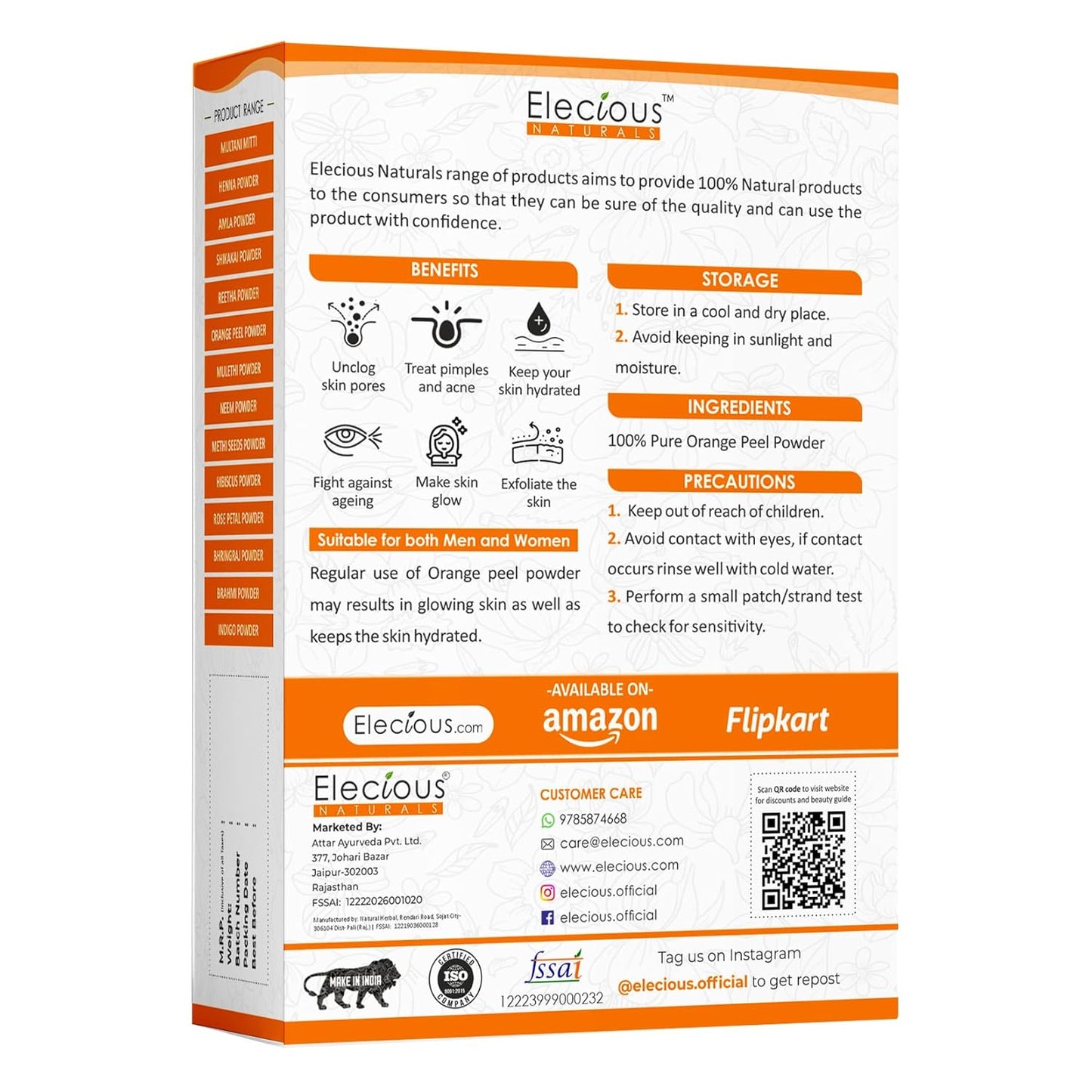 Elecious Orange Peel Powder For Skin and Face, 200 gm