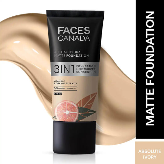 Facescanada All Day Hydra Matte Foundation | 3-in-1 Foundation + Moisturizer + SPF 30 | Absolute Ivory 012 | 30 ml
