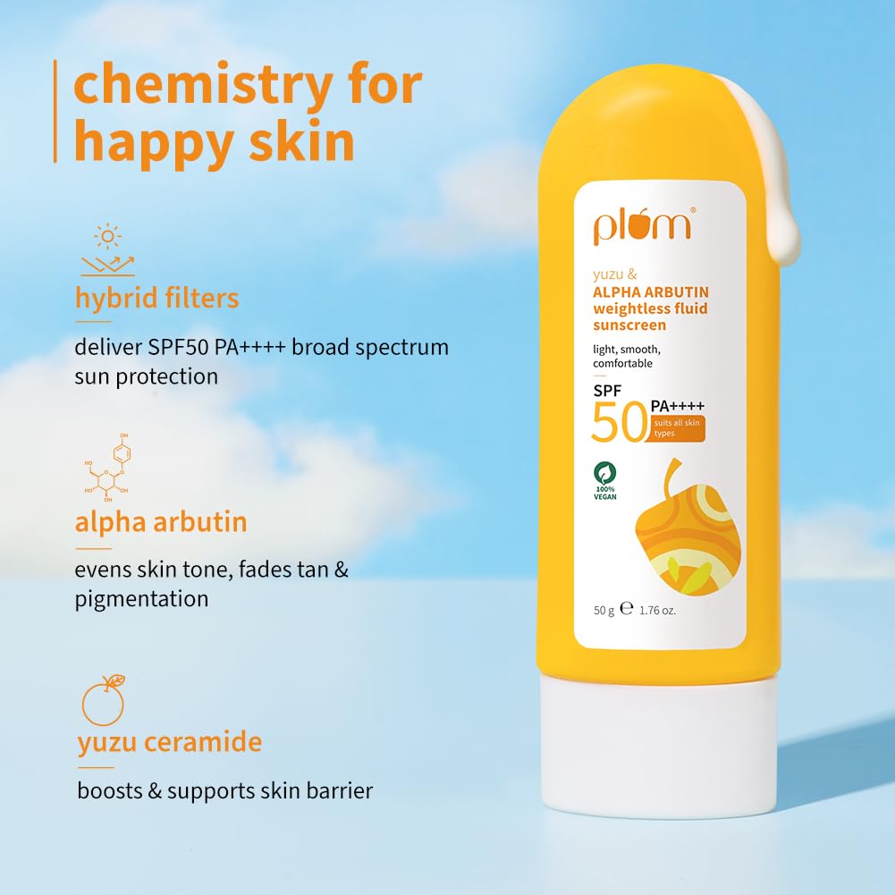 Plum Yuzu & Alpha Arbutin Fluid Sunscreen SPF 50 PA++++ | Boosts Glow & Skin Barrier | Fade Tan & Dark Spots | Quick-Absorbing | No White Cast & Non-Greasy | Women & Men | for All Skin Types | 50g