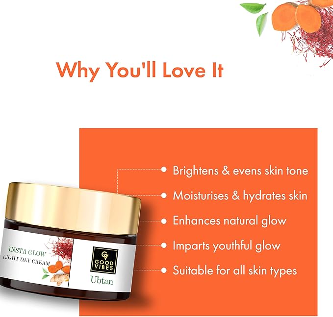 Good Vibes Ubtan Insta Glow Light Day Cream - Contain Saffron, Turmeric, & Vitamin B3 - Chemical Free - 50 g