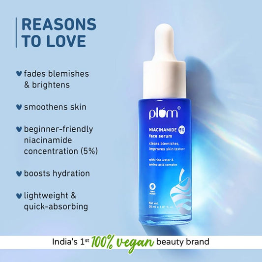 Plum 5% Niacinamide Face Serum for Clear & Bright Skin | with Rice Water | Provides Clear, Glowing & Brightening Skin | Lightweight & Beginner Friendly Serum for Women & Men | All Skin Types | 30ml