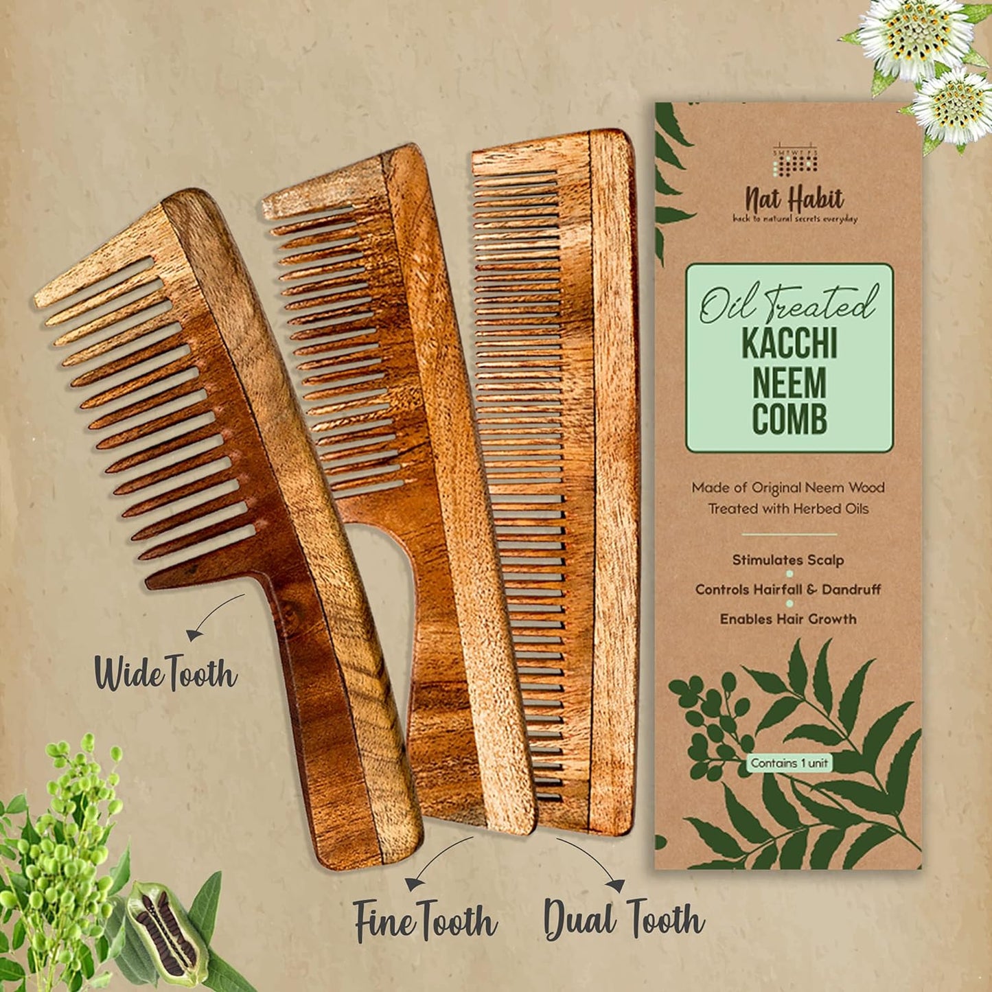 Nat Habit - Kacchi Neem Wooden Comb - Soaked In 17 Herbs, Neem & Sesame Oil For Multi-Actions - Detangling, Frizz Control & Shine (Dual Tooth, Fine Tooth & Wide Tooth) Combo Pack of 3