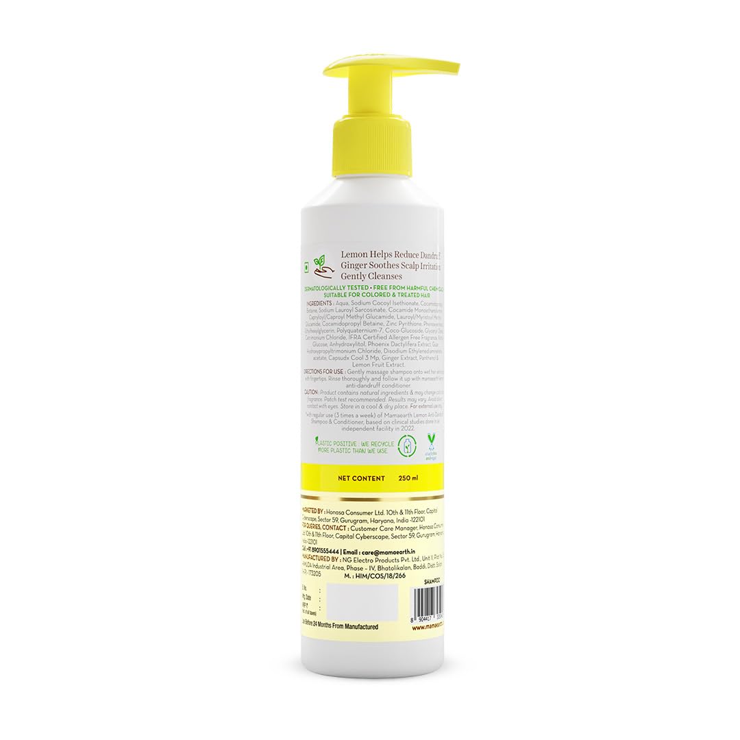 Mamaearth Lemon Anti-Dandruff Shampoo with Lemon, ZPTO, Climbazole, Aloe Vera for Itchy & Flaky Scalp | Upto 100% Dandruff Reduction & 3X Softer Hair in 1 Wash | Soothes Scalp | Reduces Frizz | 250 ml
