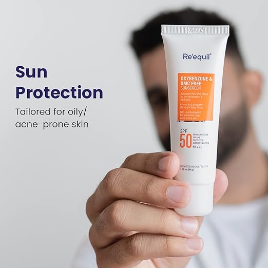 Re'Equil Oxybenzone and OMC Free Sunscreen For Oily, Sensitive & Acne Prone Skin, SPF 50 PA+++ - 50g