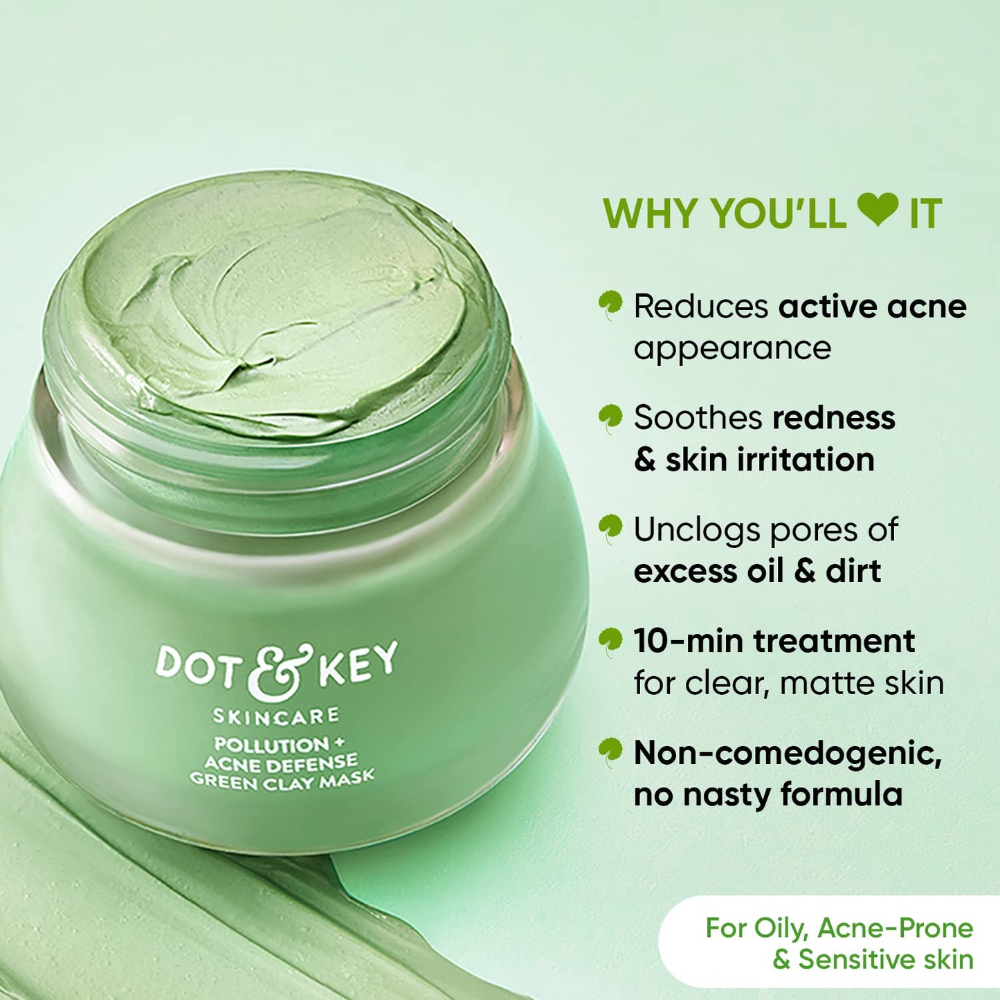 Dot & Key Skin Care Pollution + Acne Defense Green Clay Mask | Clay Mask for Face with Salicylic & Matcha Tea | Reduces Active Acne, Soothes Redness | 85g