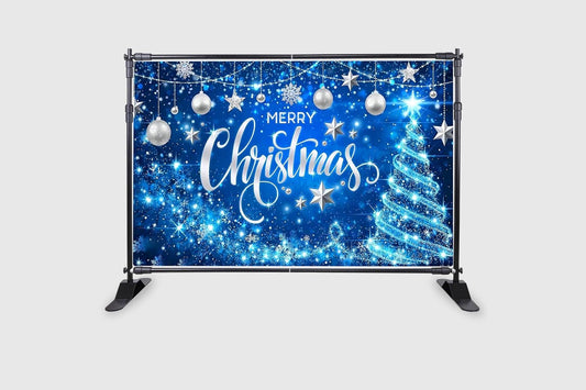 Blue Merry Christmas Backdrop Glitter Bokeh Sparkle Snowflake Banner Size 5Feet Height & 8Feet Width