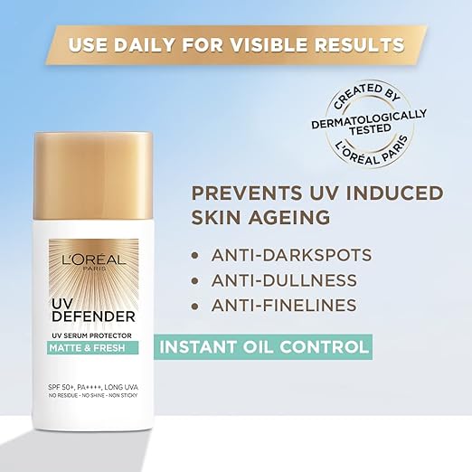 L’Oréal Paris UV Defender Serum Protector Sunscreen SPF 50 PA+++, Matte & Fresh | UVA & UVB Protection, 50 ml
