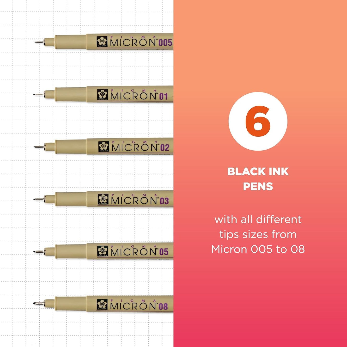 Sakura Pigma Micron Fineliner Pens - Archival Black Ink Pens - Pens for Writing, Drawing, or Journaling - Assorted Point Sizes - 6 Pack