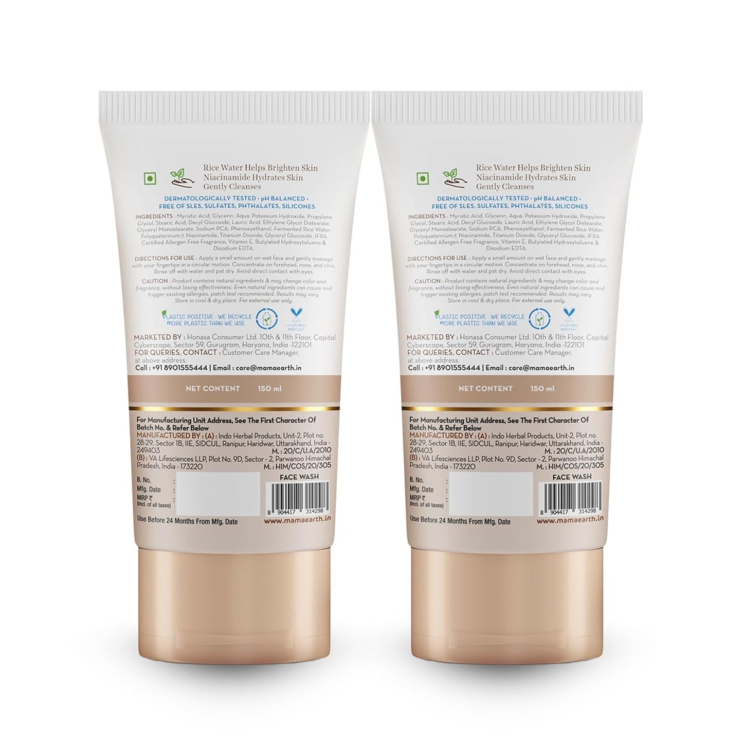 Mamaearth Rice Face Wash With Rice Water & Niacinamide for Glass Skin | For Hydrated & Even Skin Tone | Glowing & Brightened Skin | For Men & Women | 150 ml x 2