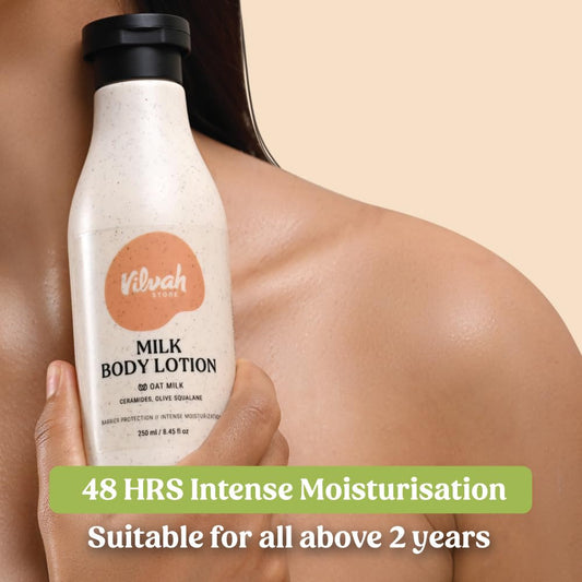 Vilvah Store Milk Body Lotion, Repairs Skin Barrier, 48hr Moisturization, Intense Hydration With Oat Milk, Ceramides and Olive Squalane, For Men and Women, All Skin Types, 250ml