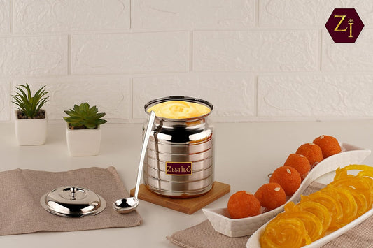 ZESTILO Oil Dispenser, Ghee Pot with Spoon, Platinum Finish,750 ml