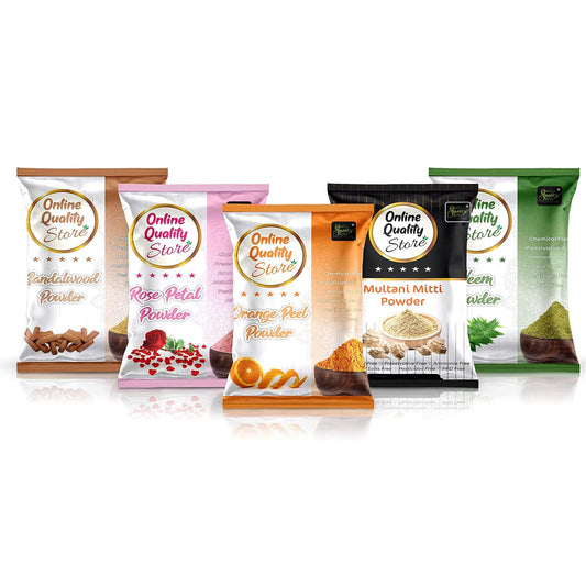 Online Quality Store Multani Mitti Powder + Chandan + Orange Peel + Neem + Rose Powder (Pack of 5) 400g