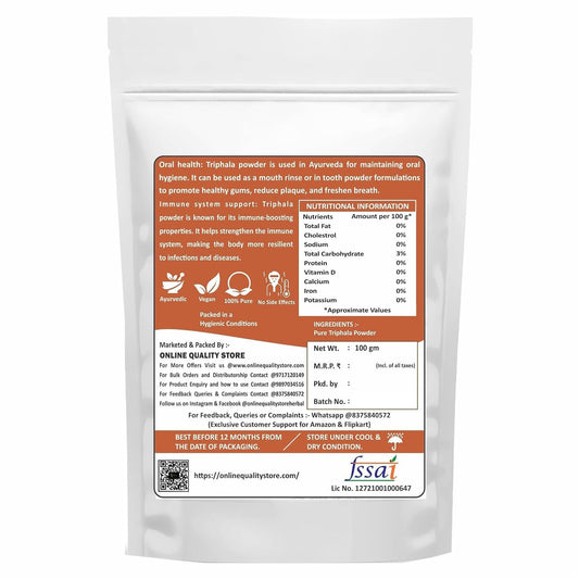 Online Quality Store Triphala Powder - 100g for eating, hair and skin, churna powder of Amla, Behada, Harada