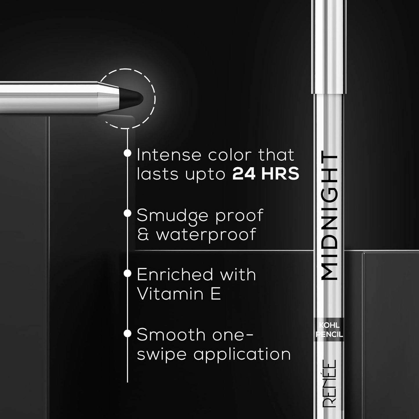 Renee Midnight Kohl Pencil - Smudge proof and Waterproof Kajal - 24 Hrs Long Stay - Darkest Black - 1.5 Gm