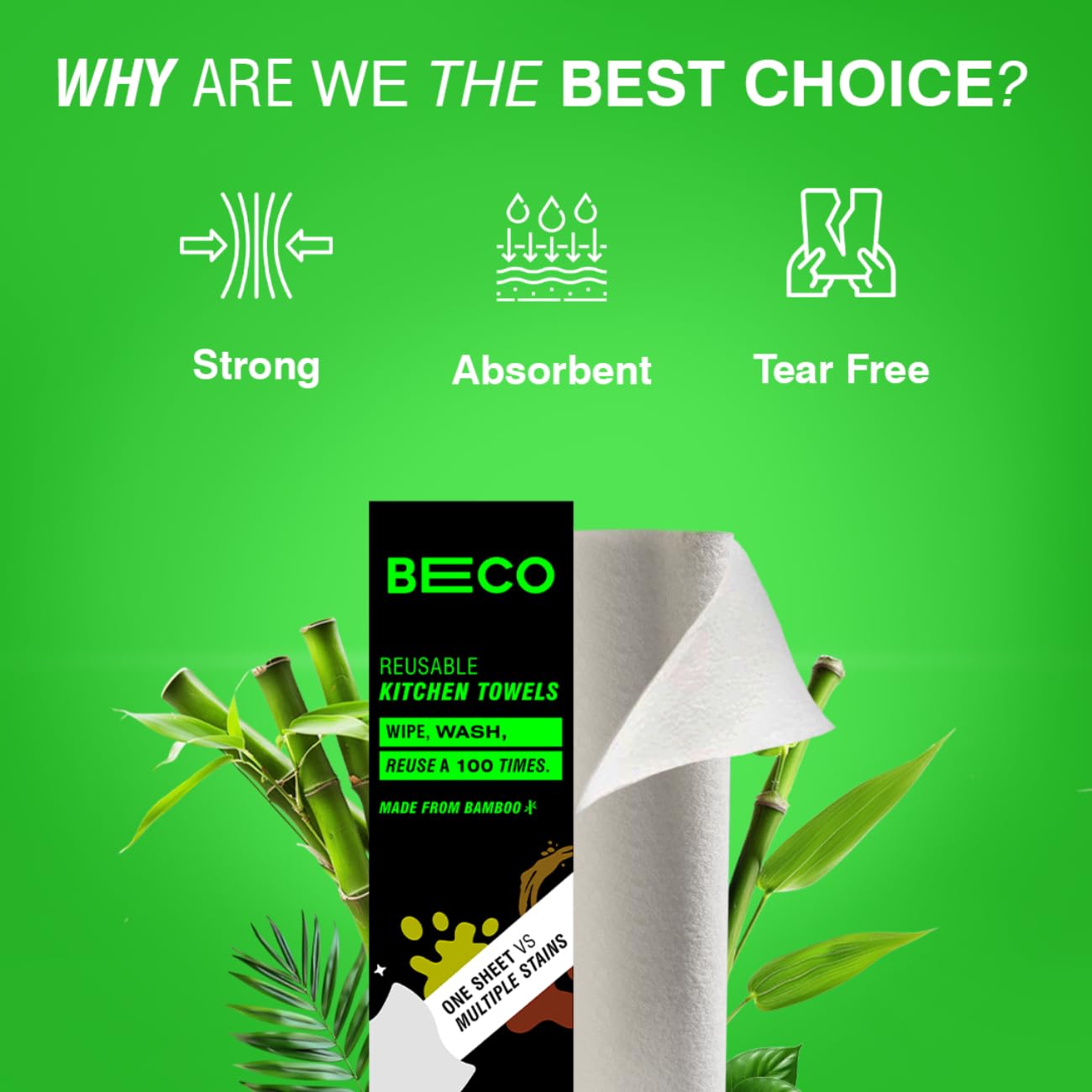 Beco Reusable Kitchen Towel Roll, Eco Bamboo Wipes for Home Cleaning, 40 Sheets