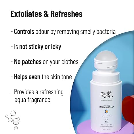 Chemist at Play UnderArm Roll-On with 5% AHA, Lactic Acid & 1% Mandelic Acid | Prevents Body Odour, Brightens Skin & Exfoliates Underarm , Aqua Fragrance ,40ml