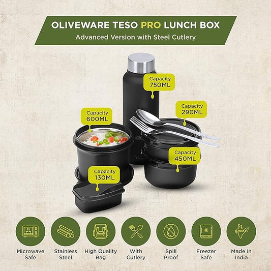 Oliveware Teso Pro Lunch Box | 3 Stainless Steel Containers | Plastic Pickle Box | Steel Spoon & Fork | Microwave Safe (Black)