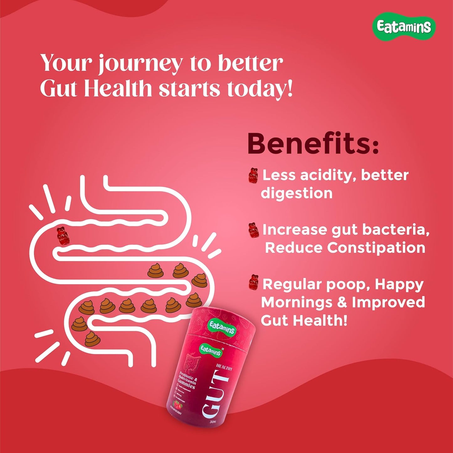 Eatamins Probiotic & Multivitamin Gummies – Strawberry Flavor, 30 Count