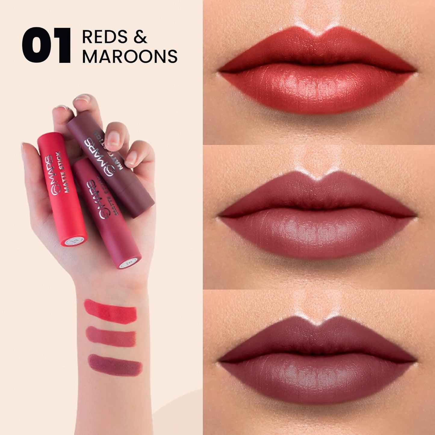 MARS Matte Box Set of 3 Lipsticks for Women, 01-Red & Maroon