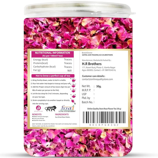 Online Quality Store Natural Rose Flower Tea, Pure Petals, Caffeine Free Herbal, Use for Iced, Cocktails.  50 gm