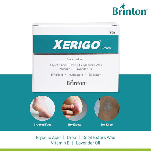 Brinton Xerigo Intense Skin Moisturizing Cream with Exfoliating Ingredients for Cracked Feet, Elbow & Knees, Prevents Moisture Loss, Non-Greasy,50gm