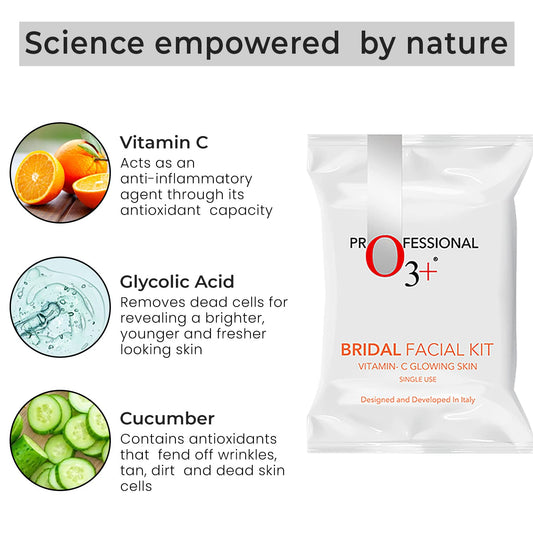 O3+ Bridal Facial Kit Vitamin C for Glowing Skin and Radiant Complexion, (44g+103ml, Single Use)
