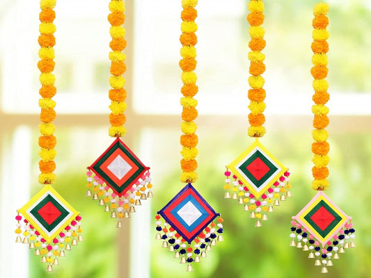 JH Gallery Handmade Artificial Marigold Fluffy Flowers Colorful Woolen Kite Bells Hanging (44 Inches Height Approx. Pack of 5)