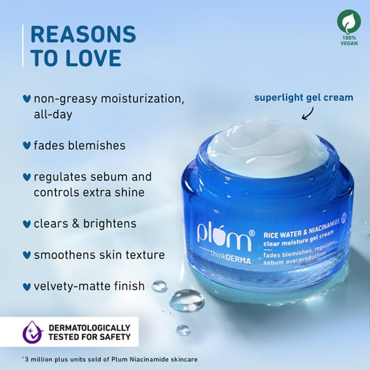 Plum 2% Niacinamide & Rice Water Superlight Gel Cream Moisturizer for Face | Oil-Free Hydration | Brightens, Fades Blemishes | Dermat-Tested | All Skin Types