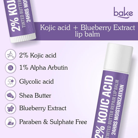 BAKE 2% Kojic Acid Tinted Butter Brightening Lip Balm with 1% Alpha Arbutin & Glycolic Acid 24 Hours Moisturization | For Dark, Pigmented, Dry, Flaky Lips | De-Tan Lip Balm | For Men & Women - 5g