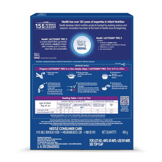 Nestle Lactogen Pro 2 Powder, Follow-Up Formula With Probiotic, After 6 Months Up To 12 Months, Bag-In-Box Pack, 400 gm