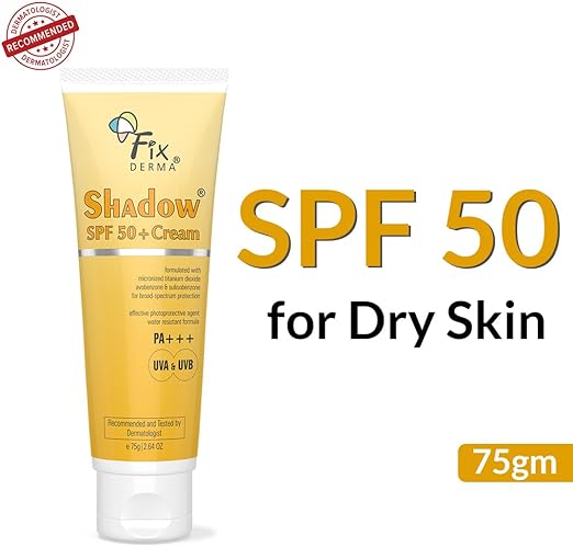 Fixderma shadow SPF 50+ cream, Offers PA+++ Protection, Broad spectrum UV Protection, Provides Moisturization, Water resistant and Non-greasy sunscreen, Suitable for all skin types - 75gm