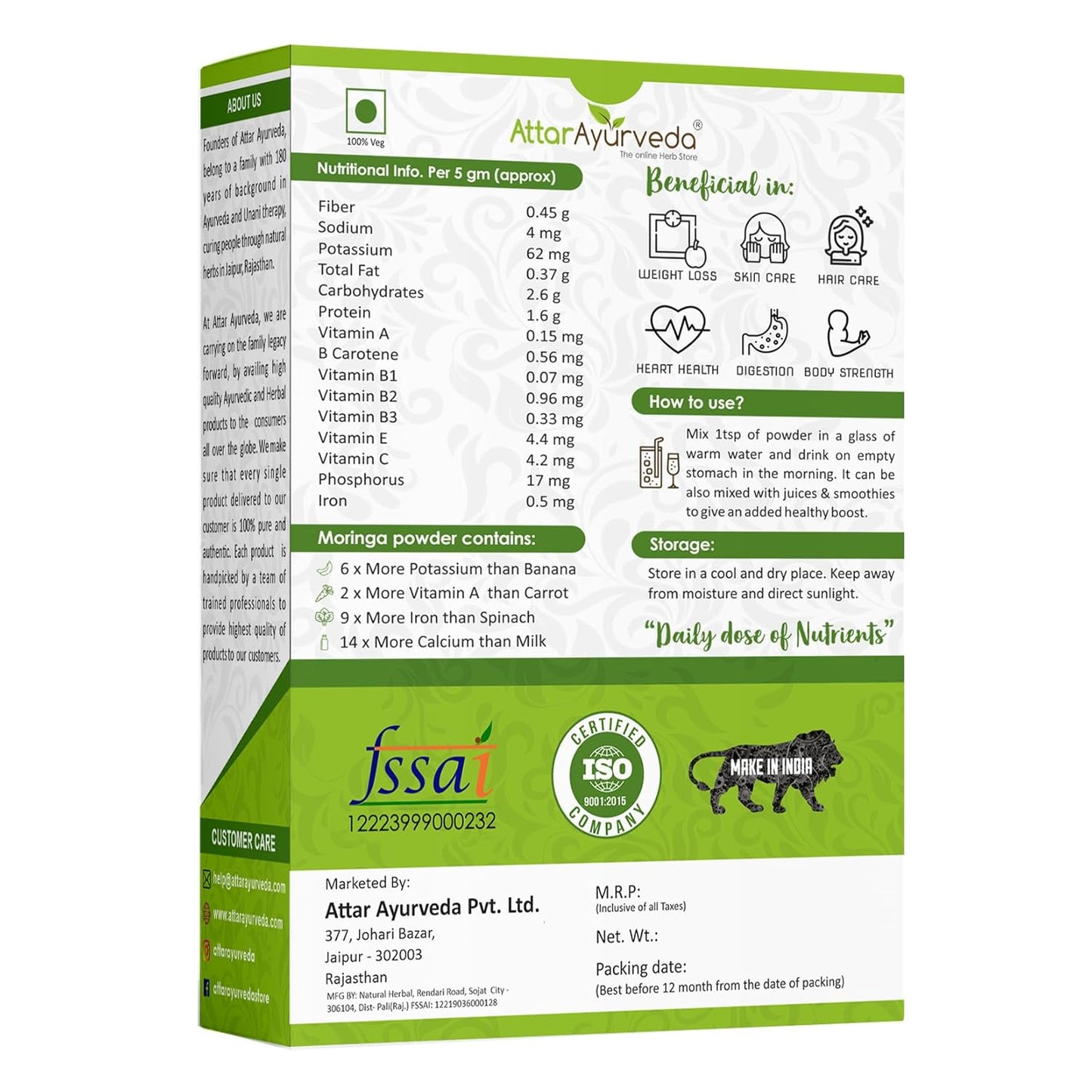 Attar Ayurveda Moringa Leaf Powder, Drumstick Leaf powder, 200 gm