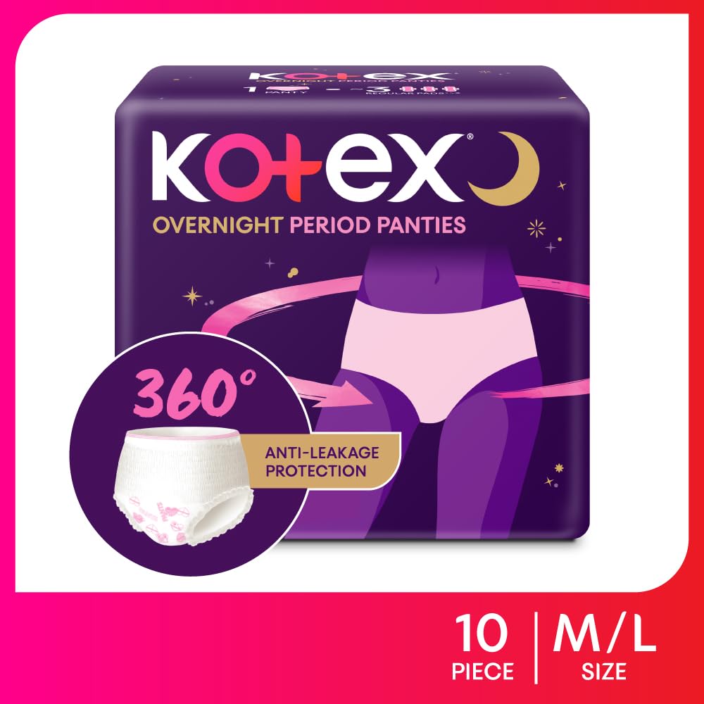 Kotex Overnight Period Panties (Medium/Large size, pack of 10 panties) for heavy flow period protection | with 360 degree anti-leakage design & airy-soft fabric | 1 panty = ~3 regular pads
