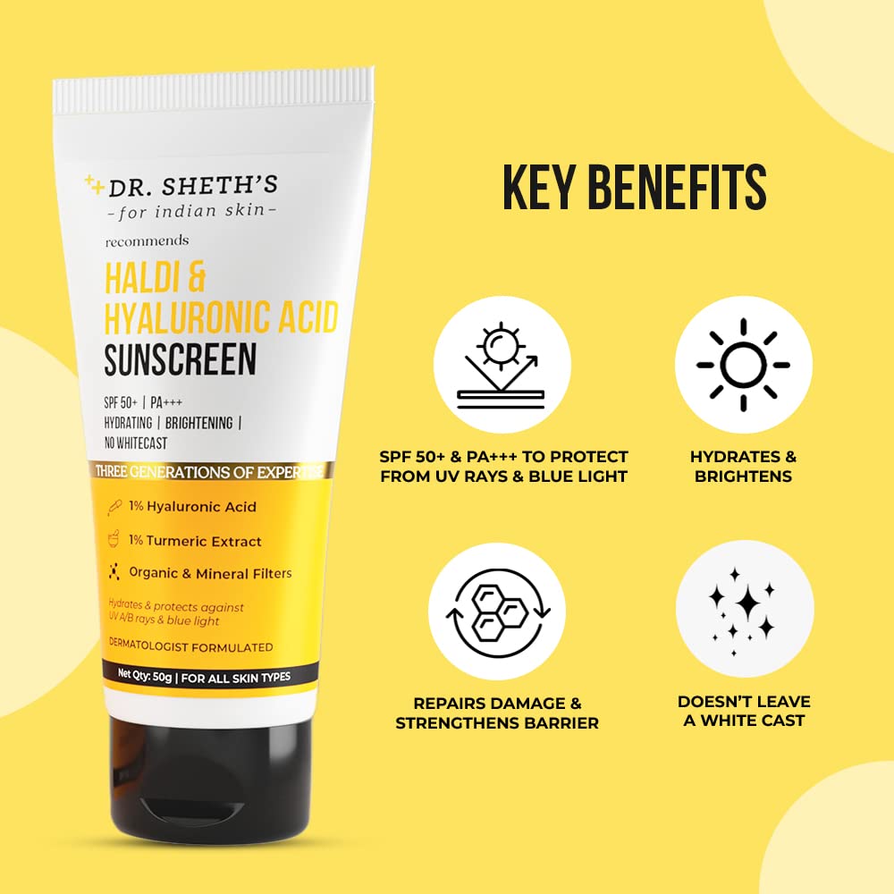 Dr. Sheth's Haldi & Hyaluronic Acid Sunscreen With 1% Hyaluronic Acid | Spf 50+ | Pa+++ | Protects Against Uva/Uvb & Blue Light | For Women & Men -50G - All Skin Type