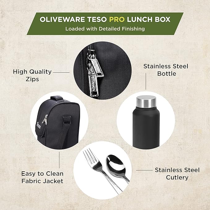 Oliveware Teso Pro Lunch Box | 3 Stainless Steel Containers | Plastic Pickle Box | Steel Spoon & Fork | Microwave Safe (Black)
