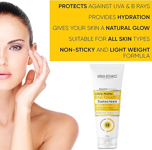 Urban Botanics Ultra Matte Dry Touch Sunscreen SPF 50 PA+++ - Non Comedogenic - Water/Sweat Resistant - Protect against Blue Light, UVA/UVB Rays - 50g