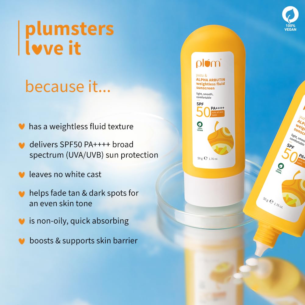 Plum Yuzu & Alpha Arbutin Fluid Sunscreen SPF 50 PA++++ | Boosts Glow & Skin Barrier | Fade Tan & Dark Spots | Quick-Absorbing | No White Cast & Non-Greasy | Women & Men | for All Skin Types | 50g