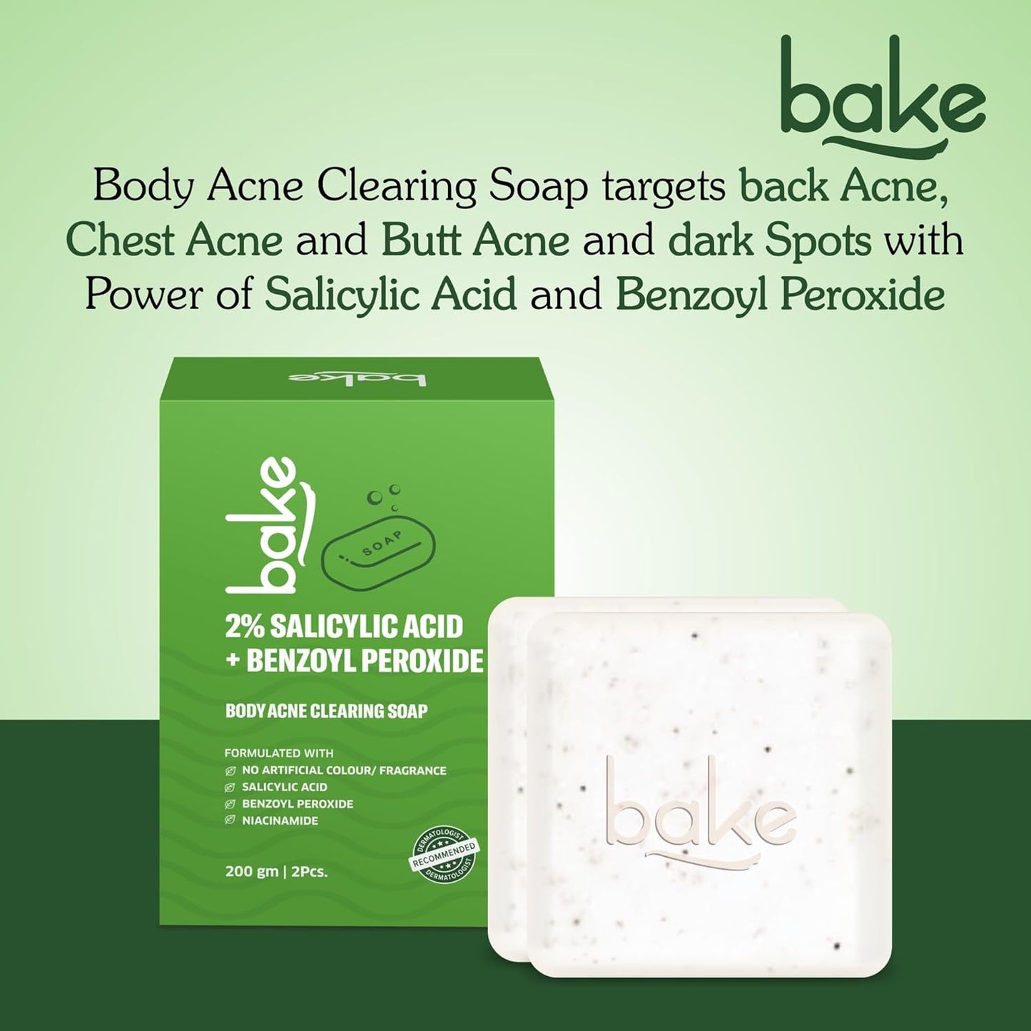 BAKE 2% Salicylic Acid Soap (2 pcs) Scrub Treatment with Niacinamide for Body & Back Acne, Reduces Strawberry Legs | Fades Dark Spots | Non Drying Formula | Soap For Men & Women | 100g x 2