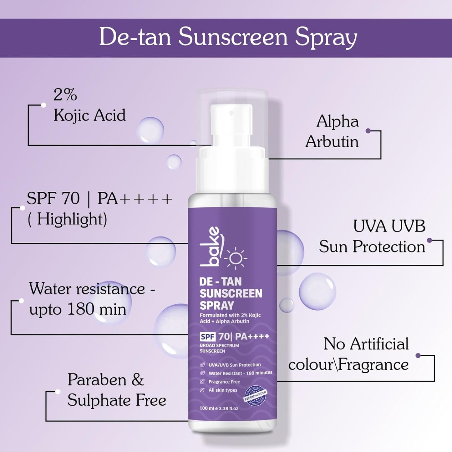 BAKE Spf 70 Sunscreen Spray Pa++++|Waterproof - 180 Minutes|With 2% Kojic Acid & Alpha Arbutin,Sweat Resistant 100Ml