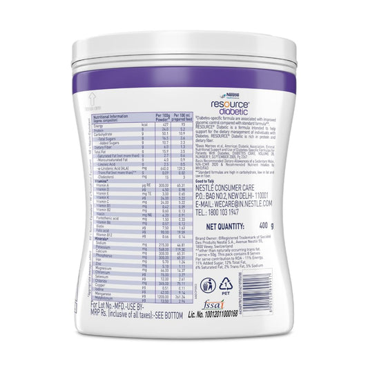 Nestle Resource Diabetic, Adult Nutrition for Diabetic Patients, Low GI Formula, Vanilla, 400 gm