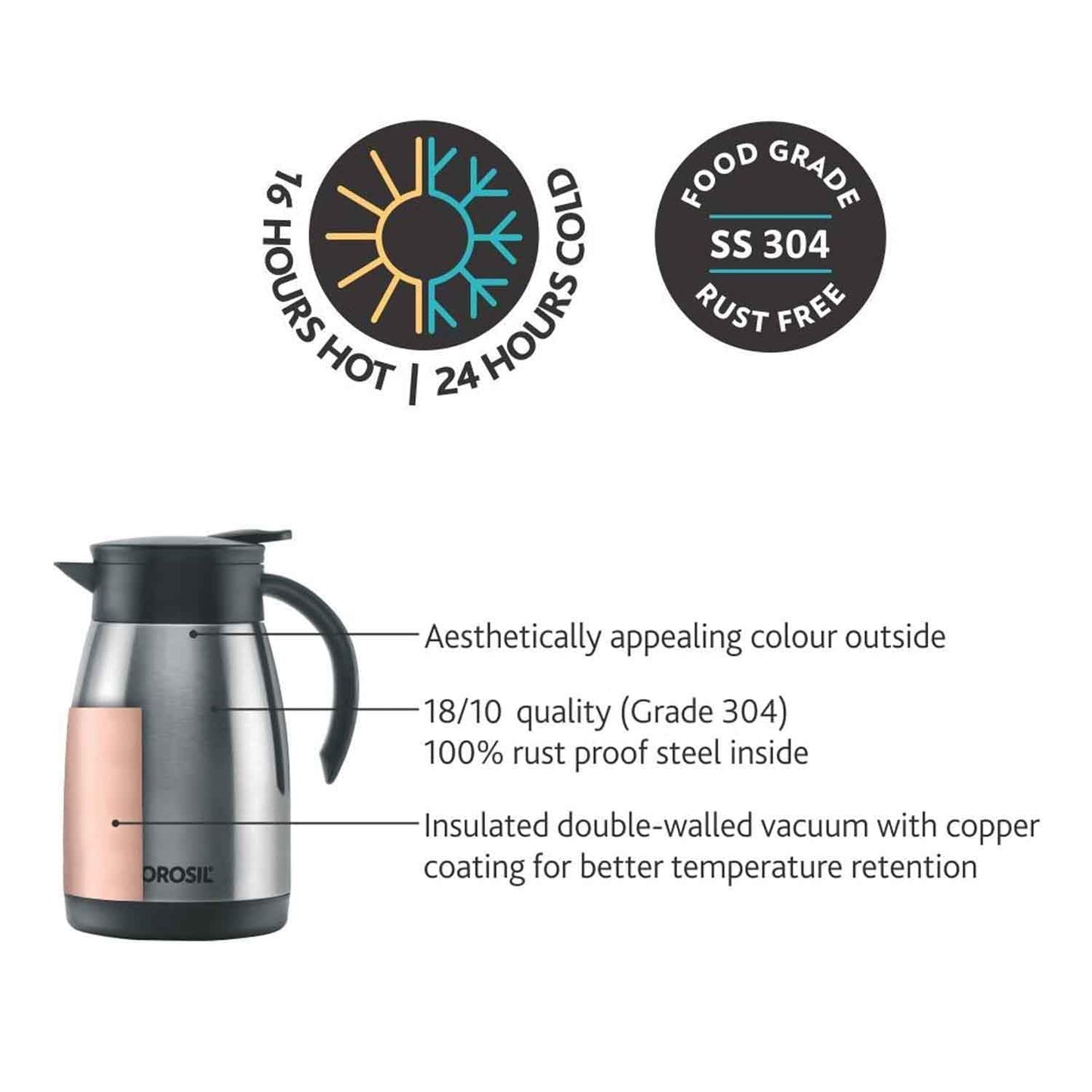 Borosil Stainless Steel 750 ml Teapot with Handle, Silver