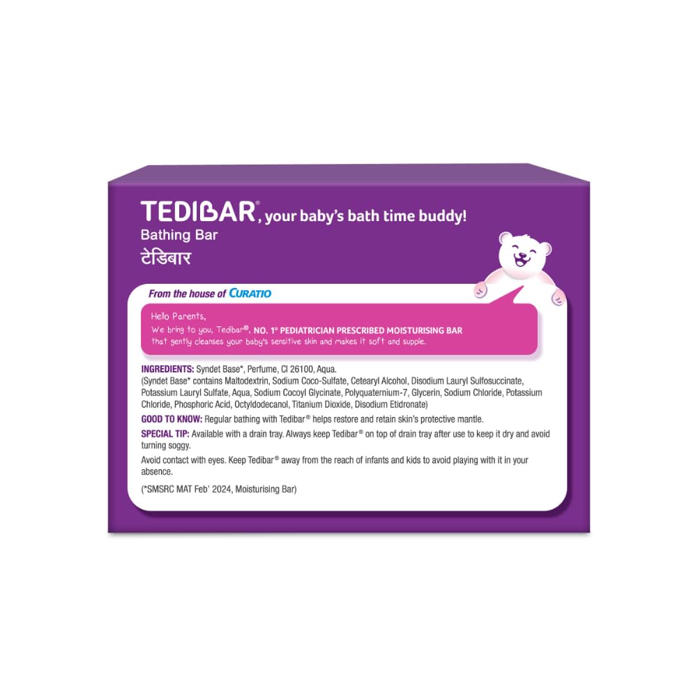 TEDIBAR - Bathing Bar for Babies’ Sensitive Skin| Skin-Friendly pH 5.5| Gentle Soap-Free Formula| Prevents Dryness & Rashes| Keeps Baby’s Skin Soft, Supple & Healthy| Pack of 2-100gms