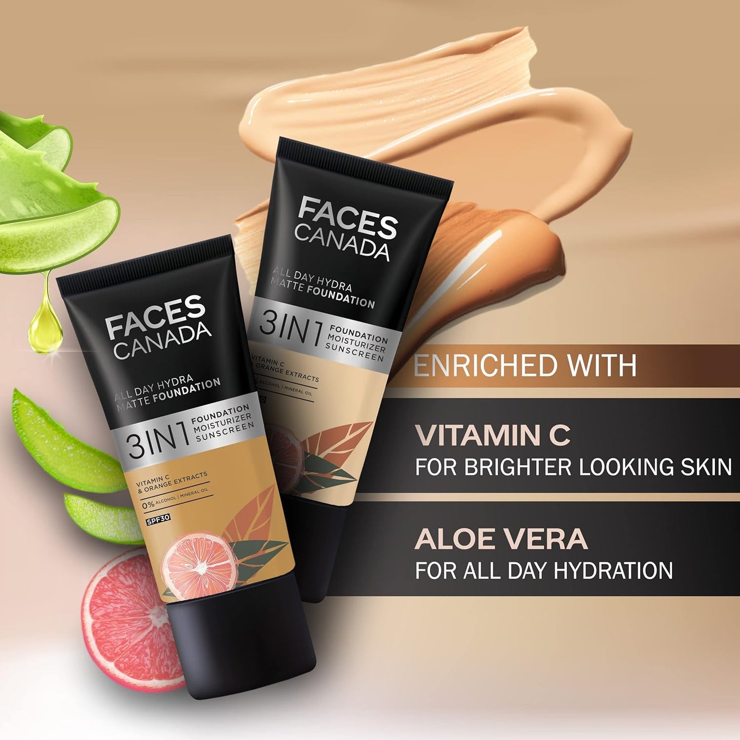 FACESCANADA All Day Hydra Matte Foundation|3-In-1 Foundation + Moisturizer Cream + Spf 30, Rose Ivory 011, 25 ml